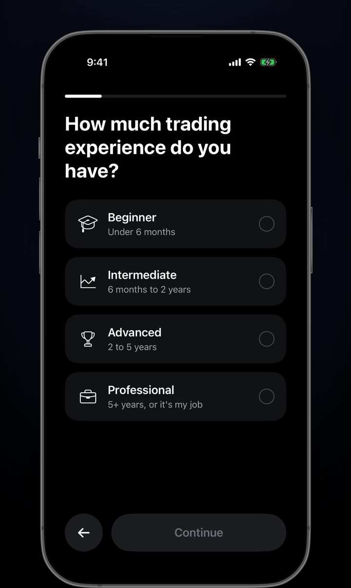 ChartCheck onboarding asking how much trading experience you have, with beginner through professional options