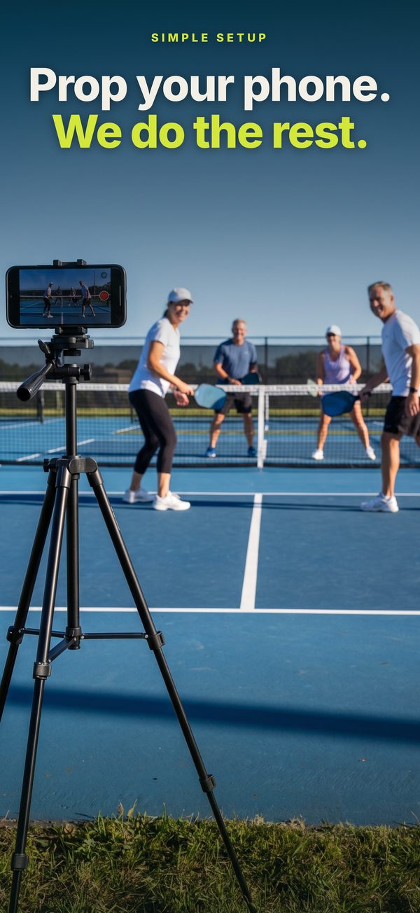 An iPhone on a tripod at the corner of a pickleball court filming a doubles game