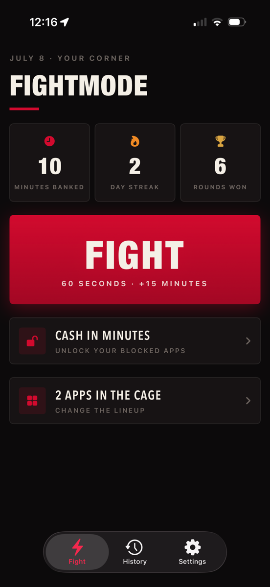 FightMode home screen with earned screen-time minutes and streak